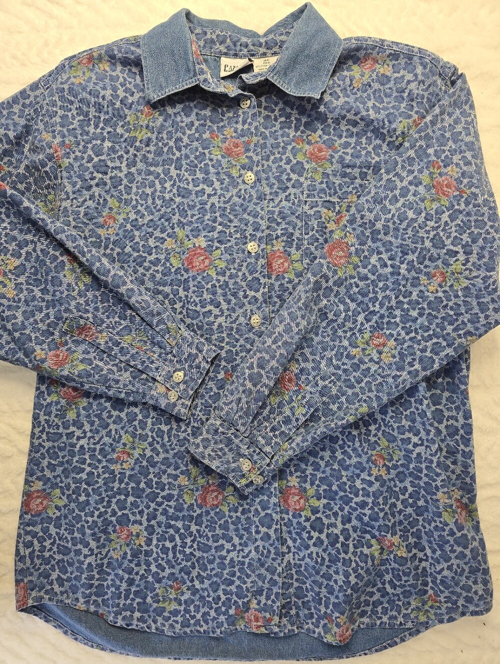 Capacity Denim Shirt Floral Leopard Print Blue Pink Button Front 100% Cotton L
